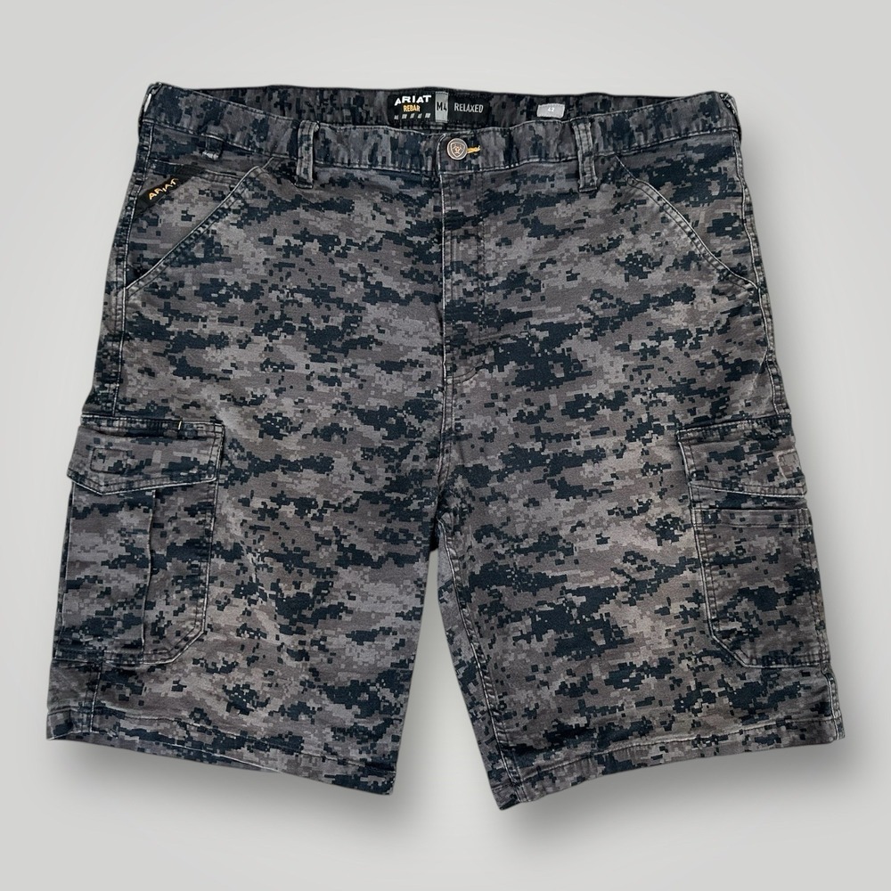 Ariat Rebar M4 Camo Cargo Shorts Mens 42x10 Relaxed Fit Black Gray Camouflage